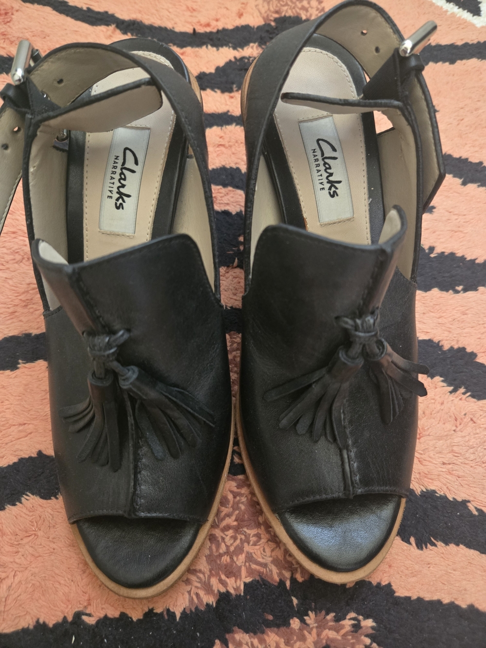 Clarks Black Leather Tassel Peep-Toe Wedge Sandals